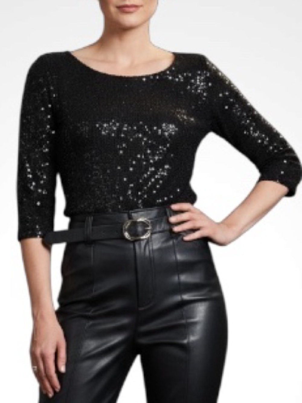 Reitman’s Sequin Top Scoop Neck 3/4 Bracelet Sleeves Sparkly Dressy  Black XS